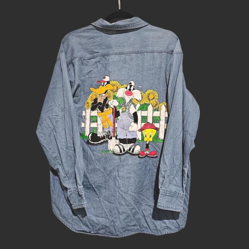 Vintage 1994 Looney Tunes Size L Men's Denim Jacket Warner Bros 100% Cotton